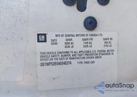 2004 Chevrolet Impala z USA, uszkodzony, nr VIN 2G1WF52E049346374